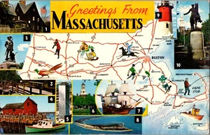 Tarjeta postal saludos desde mapa del estado de Massachusetts cromada sin publicar - Imagen 1 de 2