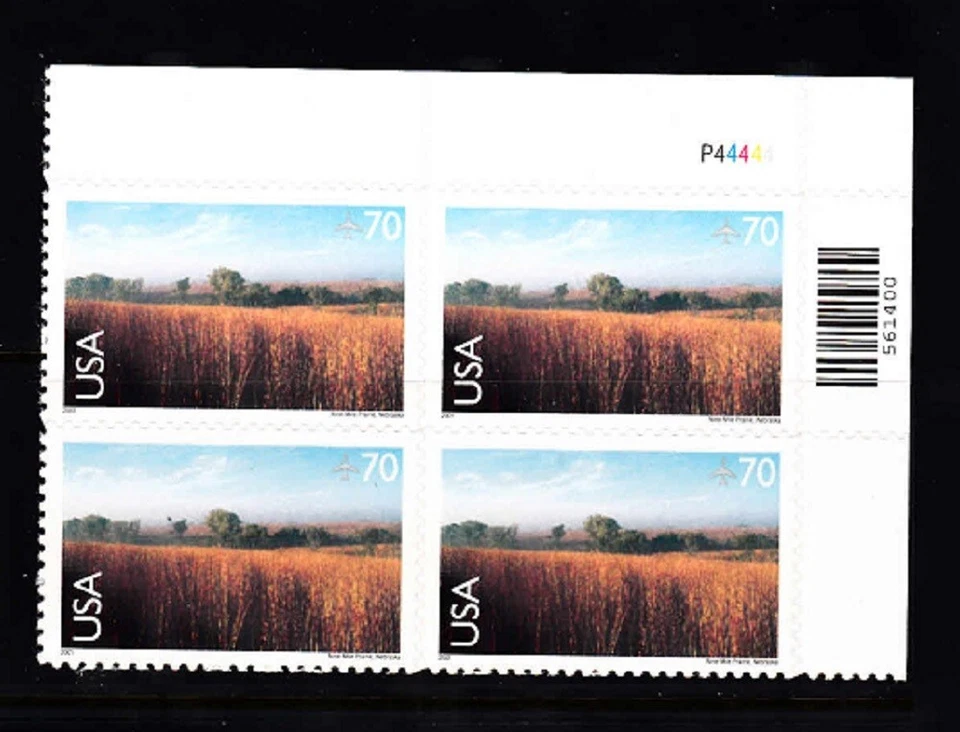 USA PLATE BLOCK OF 4 - SC# C136 NINE MILE PRAIRIE 70c. PB4 - PL# P44444 UR - Image 1 of 1