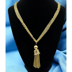 Vintage Gold Tone Tassel Statement Necklace Multi Strand Chain Retro - Picture 1 of 8