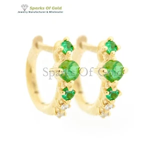 Pendientes de aro pequeños de tsavorita y diamantes de oro amarillo de 14 k hechos a mano joyería regalo - Imagen 1 de 3