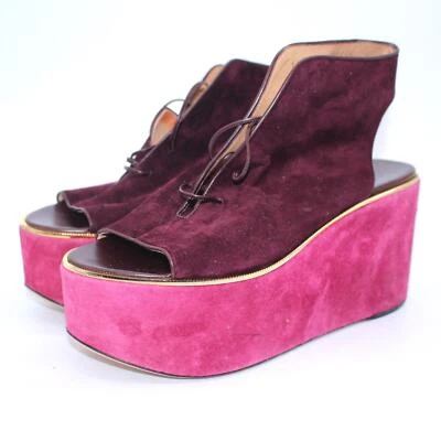 Salvatore Ferragamo Women's Bordeaux Gold Platform Heels Wedge Pump 7 C - Image 1 of 4