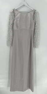 Adrianna Papell Evening Dress Gown Womens 8 Silver Gray Satin Lace Sleeve Sequin - Picture 1 of 22