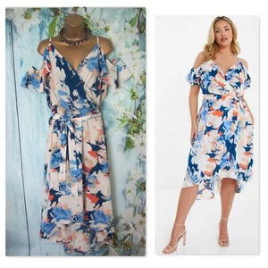 New Quiz Curves Blue Floral Cold Shoulder Midi Wrap Occasion Dress PLUS SIZE 22 - Picture 1 of 11