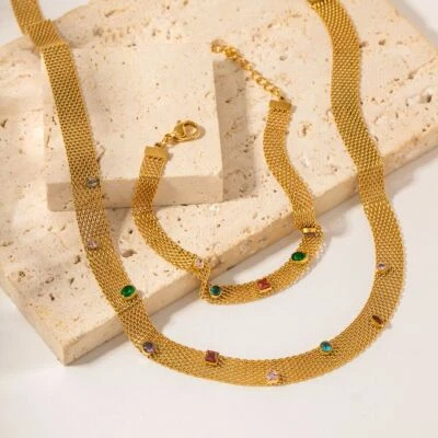 CONJUNTO Mujer Chapado en Oro 18k Multicolor Circonita cúbica Malla Trenzada Collar Cadena/Pulsera Foto 1 de 4
