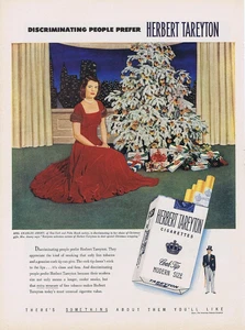 1950 Herbert Tareyton Cigarettes Ad Lady & Flocked Christmas Tree ~ City Skyline - Picture 1 of 1