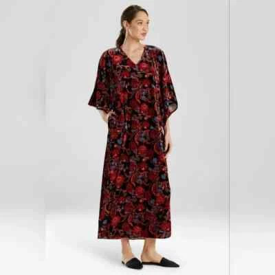 NATORI 花卉卷轴印花天鹅绒长衫和服睡衣休闲长裙 L — 第 1/4 张图片