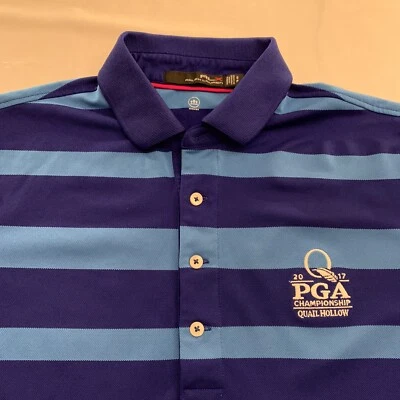 Camisa Polo RLX Para Hombres Pequeña Codorniz Hueca PGA Azul Rayas Usada en Excelente Condición Foto 1 de 4
