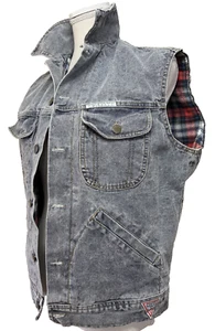 Vtg 90s Guess Paris Denim Acid Wash Vest w/ Plaid Flannel Lining Grey Mens Small - Picture 1 of 9