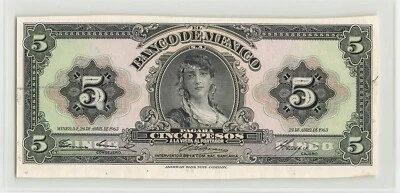 MEXICO 5 Pesos 1963, P-60gp PROOF, Original About UNC, Scarce & Pretty.  T6 - Image 1 of 2