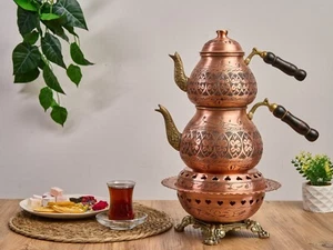 Solid Copper Teapot with Heater, Teapot Warmer Samovar, Turkish Copper Tea Maker - Picture 1 of 6