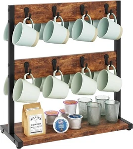 Vintage Wood Coffee Mug Holder Stand 2 Tier Countertop Mug Tree Holder Rack Base - Picture 1 of 9