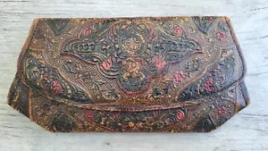 Antique Vintage Hand Tooled Leather Clutch Purse Wallet - Picture 1 of 10