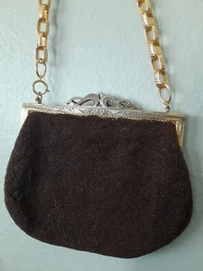 Vintage Art deco luxury evening purse Clutch brown gold silver beaded snap lock - Picture 1 of 12