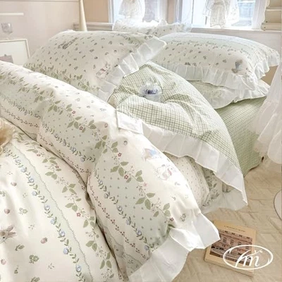  Girls Flower Comforter Set Green Queen Comforter (90"x90") White Lace Mint - Image 1 of 4