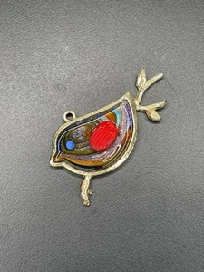 Dichroic Art Glass Bird Perched On Branch Pendant Jewellery Gold Toned Setting - Picture 1 of 5