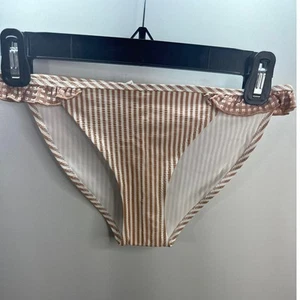 AERIE SWIMWEAR Women's Ruffle Sides Brown White Stripes Bikini Bottom XXS NWT - Picture 1 of 6