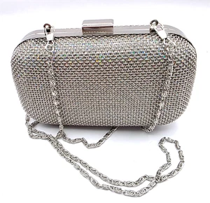 Silber Metallic Abend Clutch Hartschale Netz Box Kette Schulter Party Tasche - Bild 1 von 17