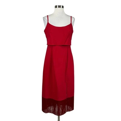 Adrianna Papell Women's Cocktail Dress Size 8 Red Crepe Fringe Trim Midi Sheath - Image 1 of 4