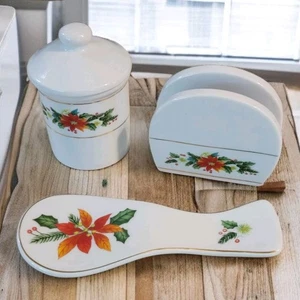 Vintage Royal Norfolk Sugar Jar, Napkin Holder & Spoon Rest - Christmas Theme - Picture 1 of 7