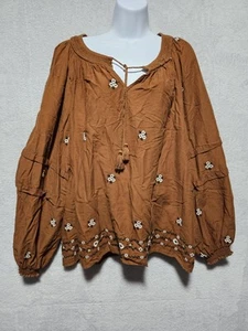 Old Navy Damengröße XXL Boho Bluse braun bestickt fließend Blumen gebraucht, in einwandfreiem Zustand - Bild 1 von 14