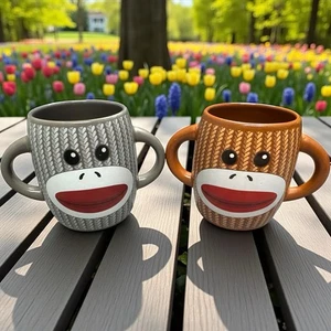 GALERIE Mug Cup Monkey Sock Faces 2-Sided Double Handle Brown & Gray Lot of 2 - Picture 1 of 8