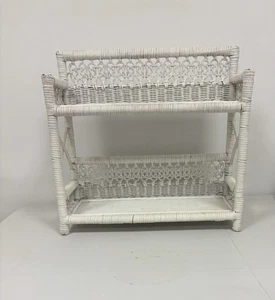 Vintage White Wicker Wood Two Shelf Wall Hanging Shabby Chic 17.5” X 18” - Picture 1 of 11