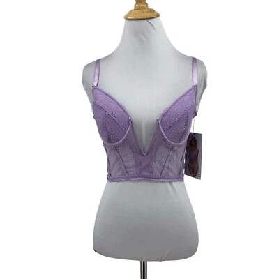 Seven Til Midnight Bustier Women L Large Lavender Lace Cropped Plunge V Neck - Image 1 of 4