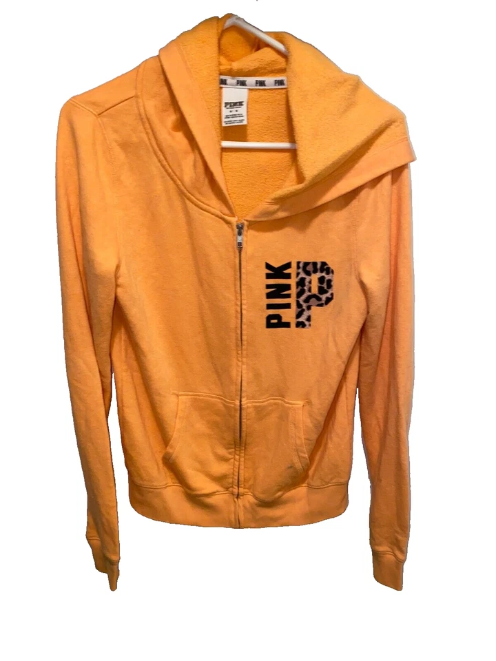 Moletom com capuz Victoria Secret feminino rosa M laranja logotipo leopardo zíper completo - Imagem 1 de 4