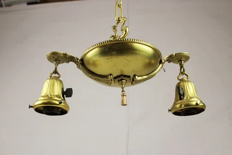 Antique Brass & Cast Iron 2 Arm Pan Chandelier 2 Light  13" Wide x 25" Tall Nice Cover