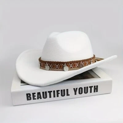 Sombrero de Vaquero Western Vaquera Hombres Mujeres - Banda Tribal Fieltro Ala Ancha Estilo Rodeo Foto 1 de 2