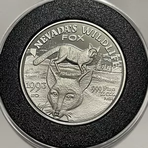 Moneta rara 1993 Nevada’s Wildlife Fox 2 once troy .999 argento fine rotonda - Foto 1 di 13