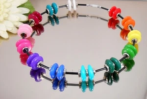 Edelstahl Halsreif Collier bunte Acryl Rondelle schwarze Röhrchen 45 cm Handmade - Bild 1 von 3