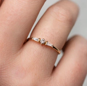 Fine Three Stone Round & Baguette Shape Moissanite In 10K Yellow Gold Women Ring - Picture 1 of 6