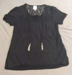 Knox Rose Blouse Women's Size Large Black Crochet Shoulder Lined & Stretch - Picture 1 of 16