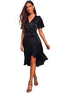 Lulus Women's Midi Dress Size S Black Satin Wrapped Up V-Neck Flutter Sleeve NWT - Imagen 1 de 24