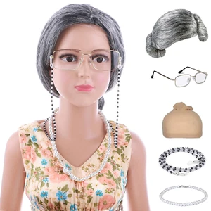 Kids Grey Old Lady Wig Grandma Silver Wig 100 Days of School Synthetic Hair for - Picture 1 of 12