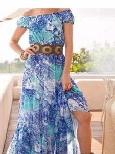👗🔵Boston Proper Womens Size S Shades Blue Off The Shoulder Tiered Maxi Dress - Picture 1 of 5