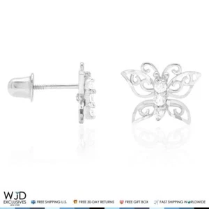 14K Solid White Gold Diamond Cut White Zircon Butterfly Screwback Stud Earrings - Picture 1 of 5