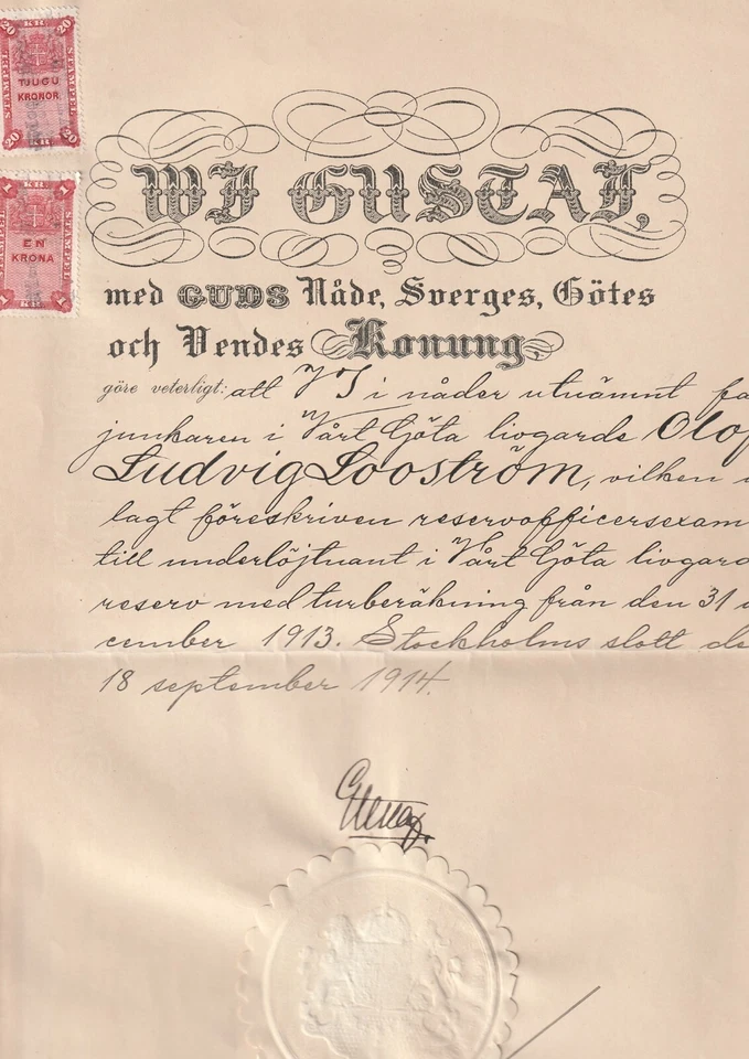 SUECIA: Ingresos 21 kr en documento con firma real Gustav V, 1914, escasos Foto 1 de 1