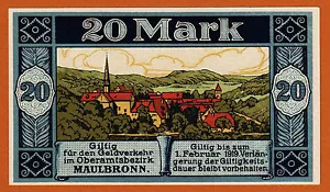 German Notgeld 1918 Kriegsnotgeld Maulbronn 20 Mark UNC - Picture 1 of 2