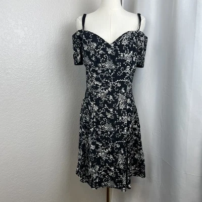 VTG Rampage Dress Womens 9 Black Floral Mini Off Shoulder Fit Flare Romantic Y2K - Image 1 of 4