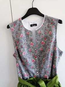 Fesches Dirndl * Grau mit Rosenmuster * Schürze Grün * Größe 42 * Neuwertig * - Bild 1 von 15