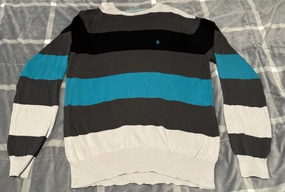 Volcom Mens Striped Long Sleeve Sweater Black Teal Grey Large L 40” Crew 34/35 - Image 1 of 4