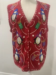 Vtg Red Bobbie Brooks Christmas Sweater Vest Penguins Sequins Size L - Picture 1 of 7