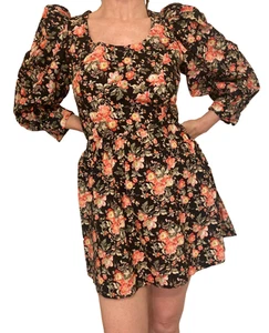 Vintage Handmade Black Floral Prairie Boho Dress with Balloon Sleeves - Picture 1 of 5
