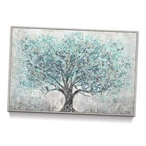 Abstract Tree Framed Wall Art: Teal Blue Blossom Tree Canvas Picture Hand - Picture 1 of 7