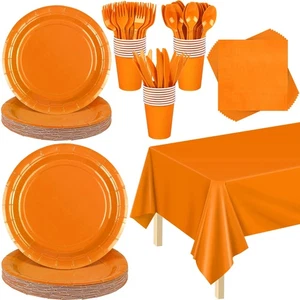 169-Piece Orange Party Pack Plates Cups Napkins Utensils Tablecloth for 24 Gu... - Picture 1 of 7
