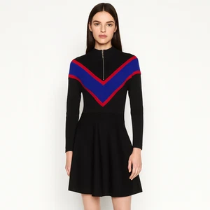 Sandro Paris Dress AUS 10 US 6 Midi Black Timi Chevron A-Line Long Sleeve Knit - Picture 1 of 8