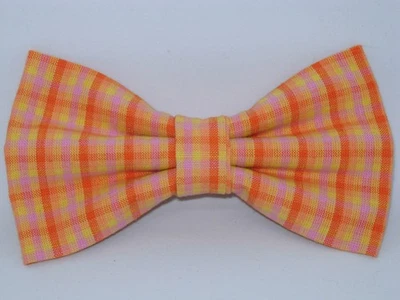 Sunshine Plaid, Bright Orange, Pink & Yellow, Summer Wedding, Pre-tied Bow tie - Image 1 of 4