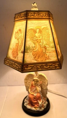 Vintage Resin Angel Figurine Lamp w/ 6 Panel Decorated Lithophane Shade - Image 1 of 4
